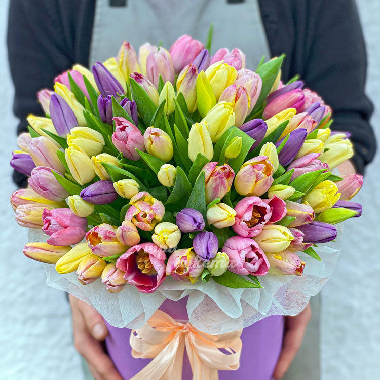 101 разноцветный тюльпан в коробке (в руках флориста)