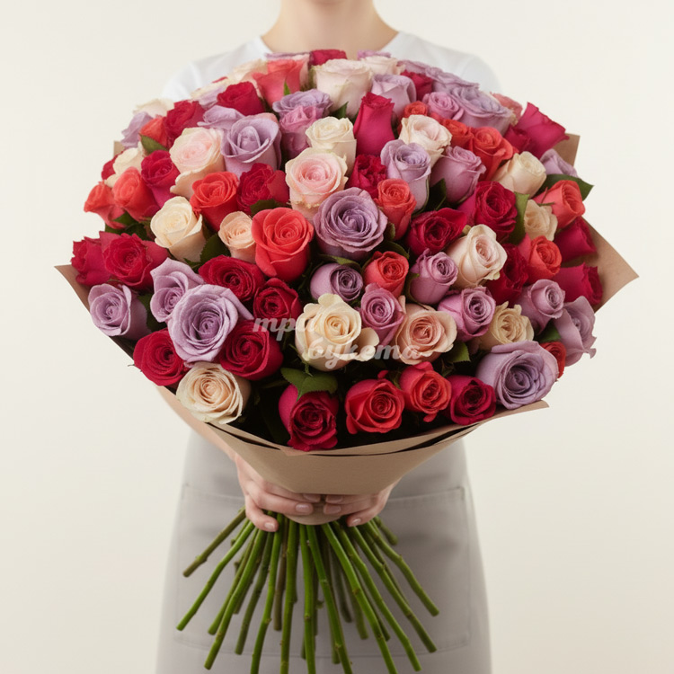 101 разноцветная роза (Premium) 70 см.