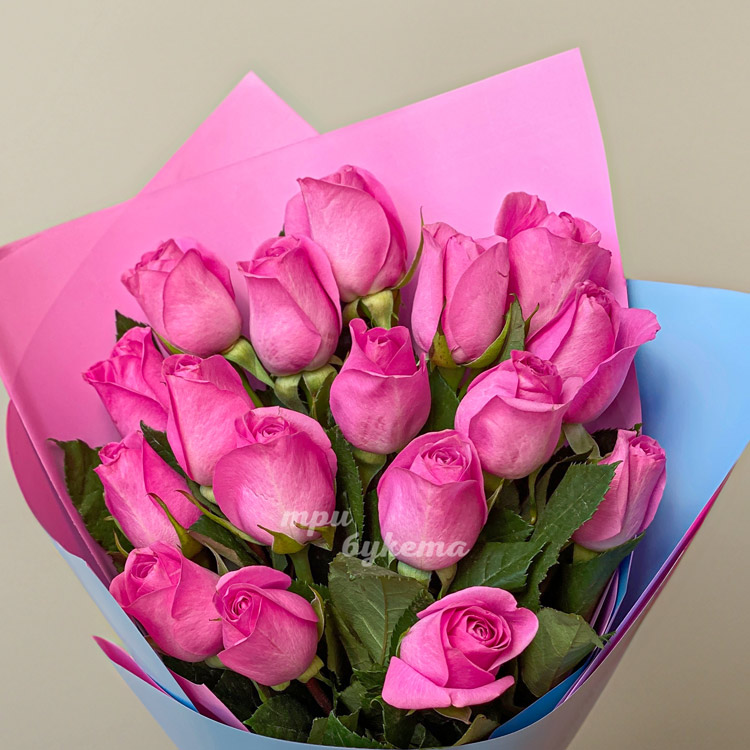 Розовый букет из 17 розовых роз (крупный план)