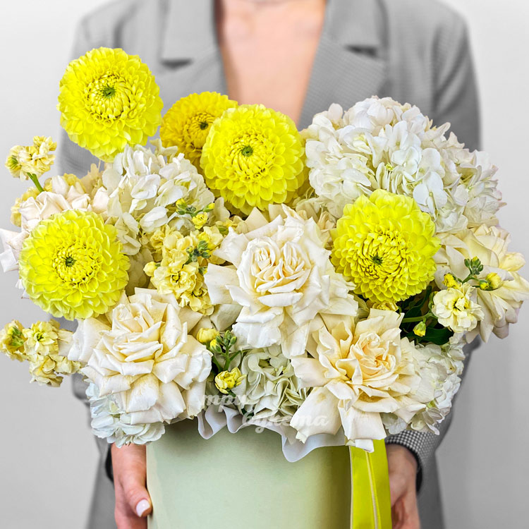 Коробка желтых хризантем, роз и маттиол (крупный план)